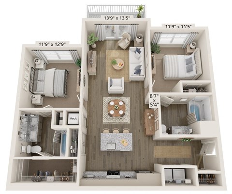 a 3d floor plan of a house with a bedroom and a living room